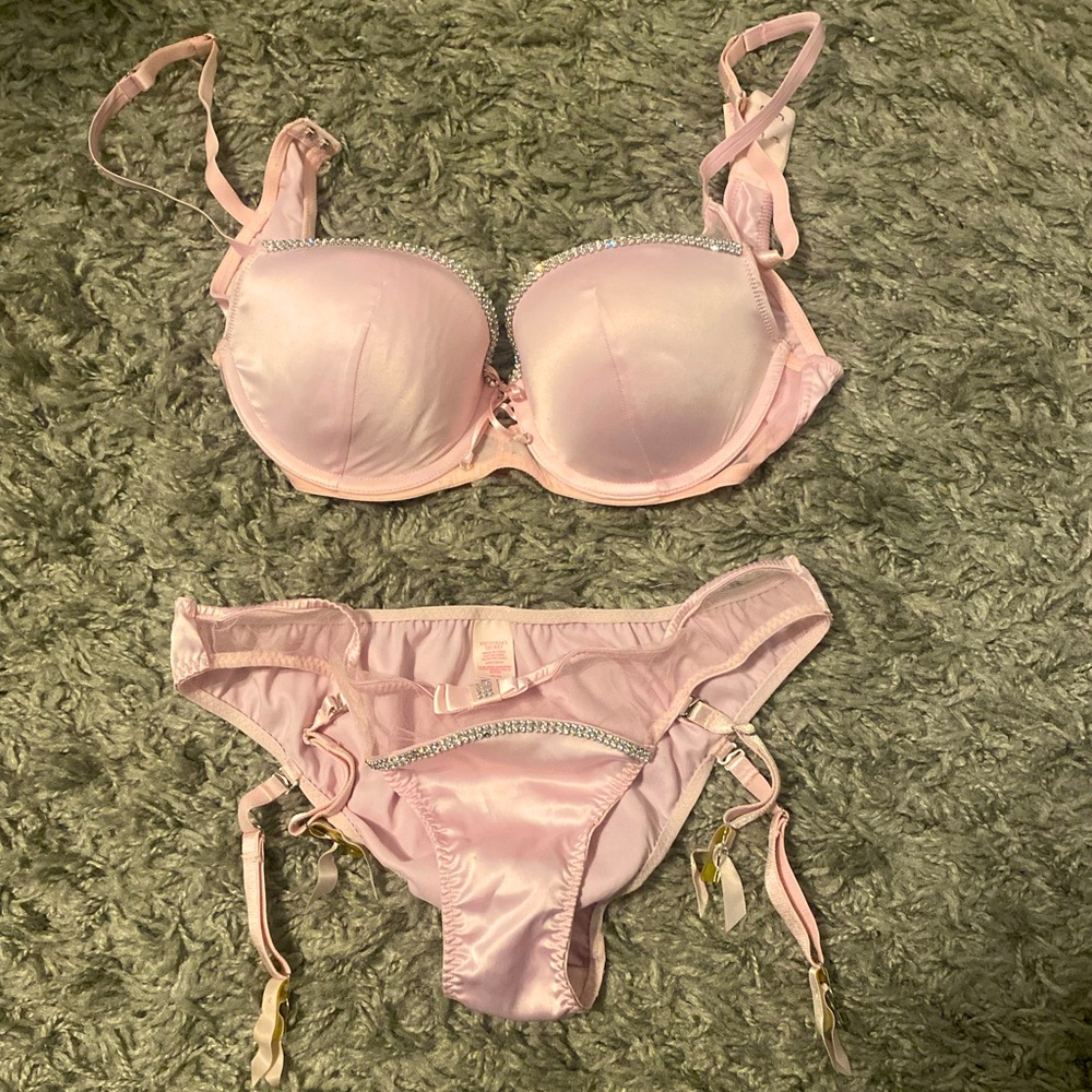 Victoria's Secret Light Pink Satin Bra & Garter Panty Set with Rhinestone Trim